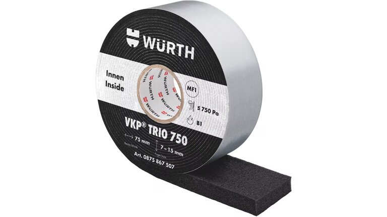 Eine Rolle Dichtungsband VKP TRIO 750 leicht aufgerollt von der Seite aus gesehen.